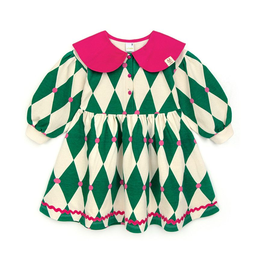 韓國 Pimpollo - 菱格紋撞色翻領洋裝-黃