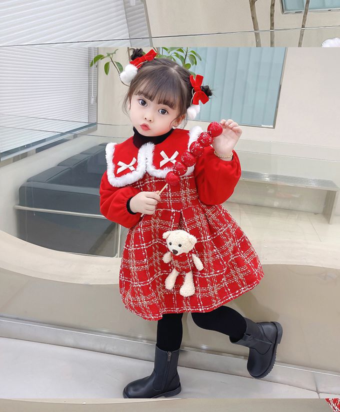 加厚翻領格紋連身裙-立體熊熊-紅色