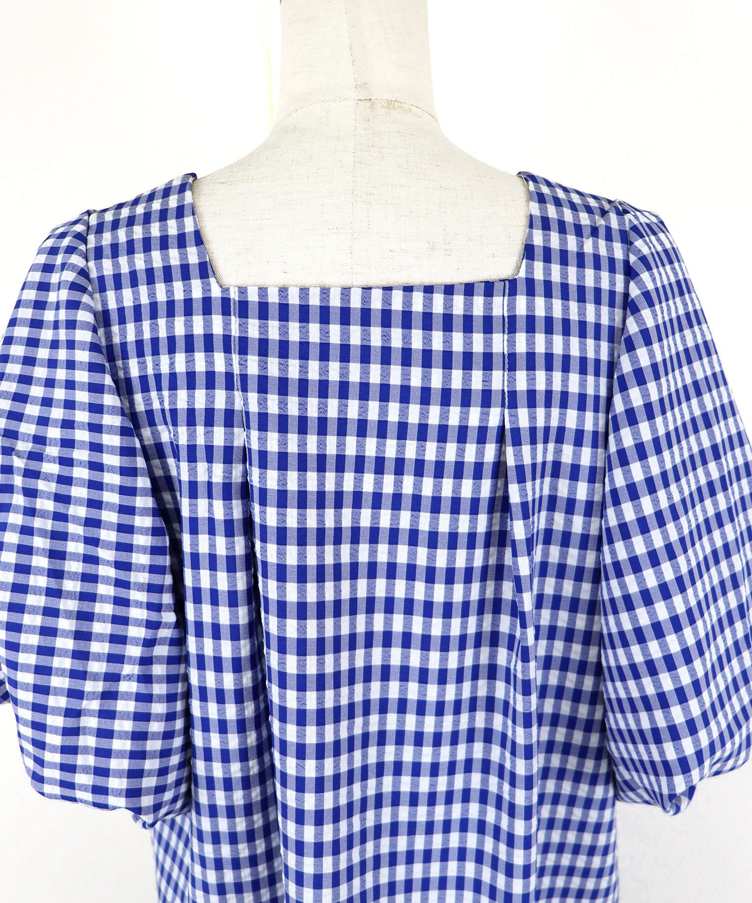 日本 BLUE EAST - 文藝方領大泡泡袖洋裝-格紋-黑