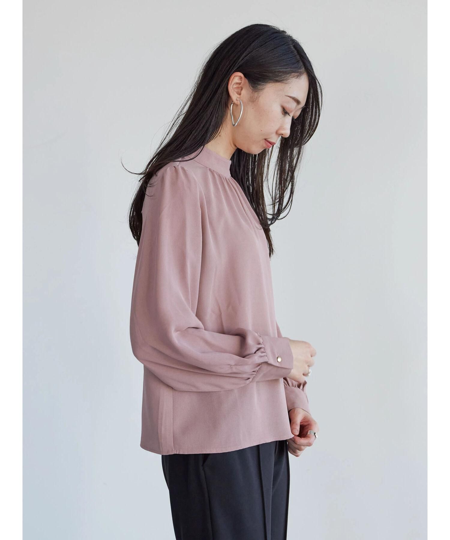 日本 ELENCARE DUE - 修身澎袖立領雪紡上衣-深咖啡