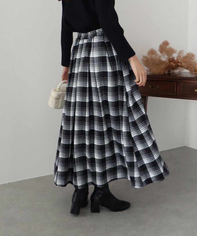 日本 BLUE EAST - 文藝細緻格紋顯瘦長裙-綠黃黑