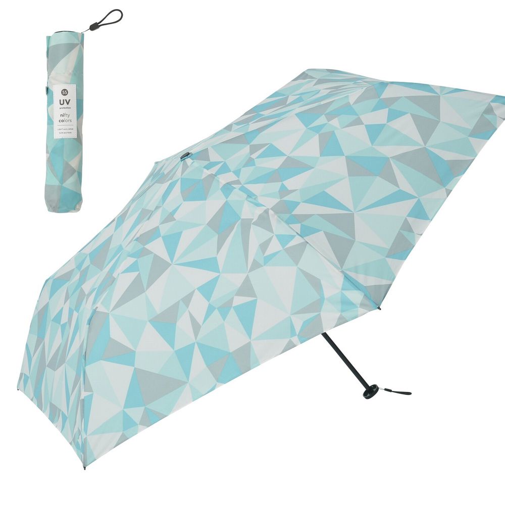日本 nifty colors - 抗UV輕量 晴雨兩用折疊傘-幾何世界-水藍 (直徑98cm/132g)-92.60%