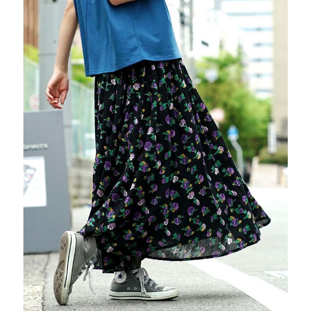 日本 zootie - 100%印度棉印花長裙-滿版紫花-黑