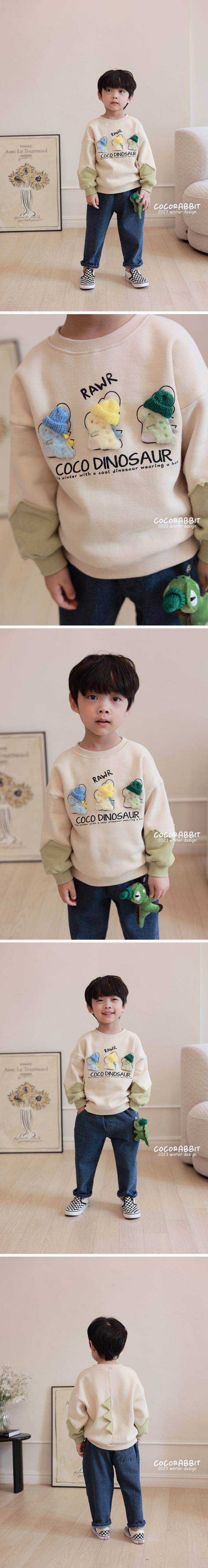 韓國 Coco rabbit - (內磨毛)毛帽立體恐龍裝飾大學T-綠