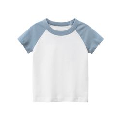 27KIDS - 純棉短袖上衣-拼接款-藍+白
