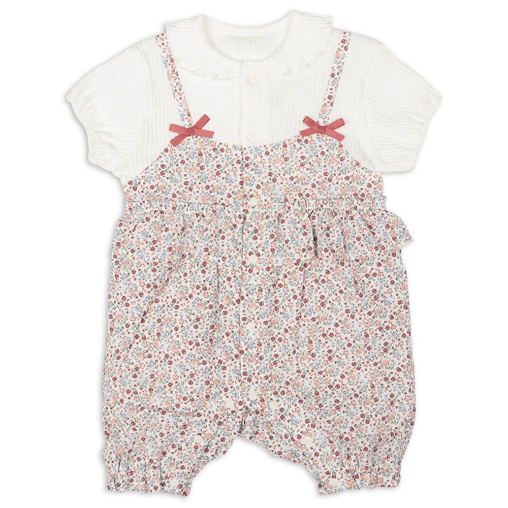 短袖假兩件兔裝-小花-粉紅色