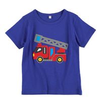 日本西松屋 - 立體發泡印花短袖上衣-消防車-寶藍