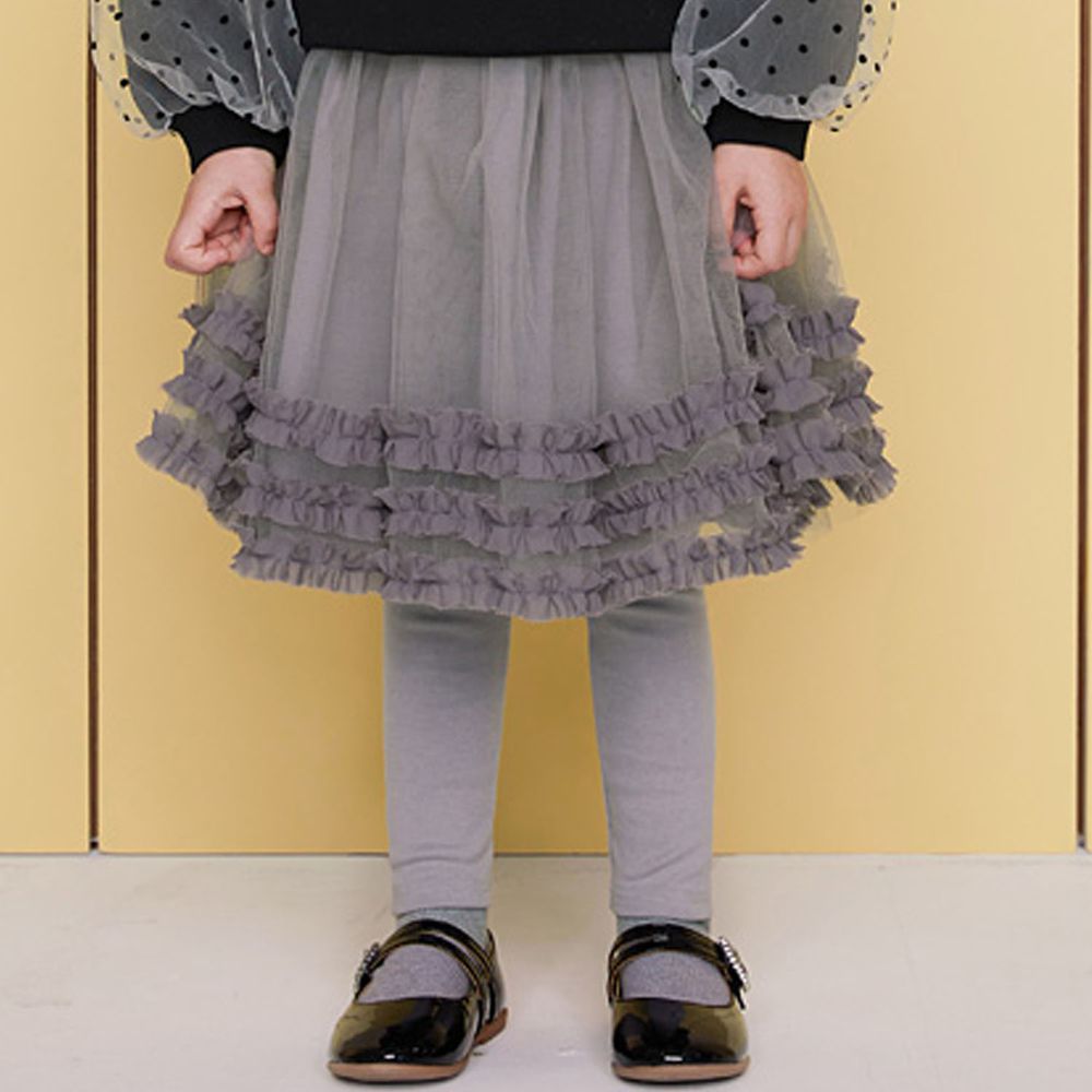 韓國 WALTON kids - 荷葉裝飾網紗褲裙-灰