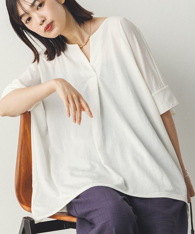 日本 Sans Souci 34+ - 接觸涼感 鑰匙領五分袖上衣-白