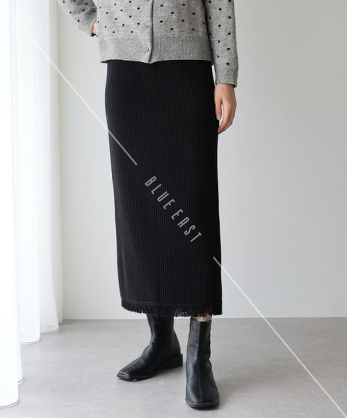 日本 BLUE EAST - 微閃亮羅紋針織流蘇開叉鉛筆裙-摩卡