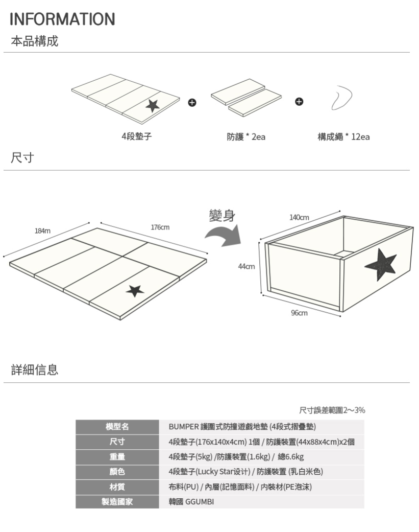 韓國 GGUMBI/DreamB - GGUMBI/DreamB 多功能圍欄地墊式嬰兒床-米星星 (攤平: 176*184*4cm)