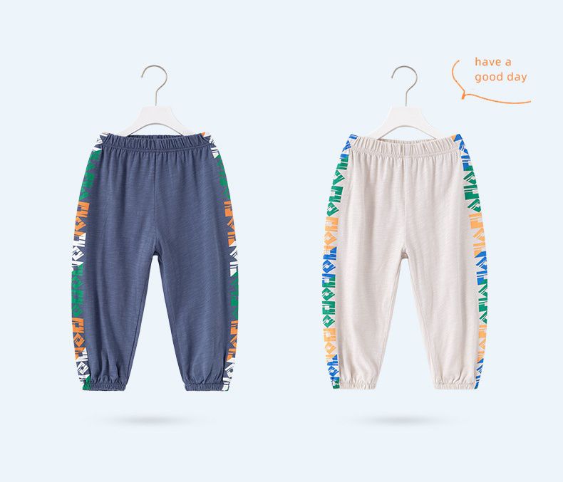 竹節棉束口長褲/防蚊褲-方形幾何-灰藍色