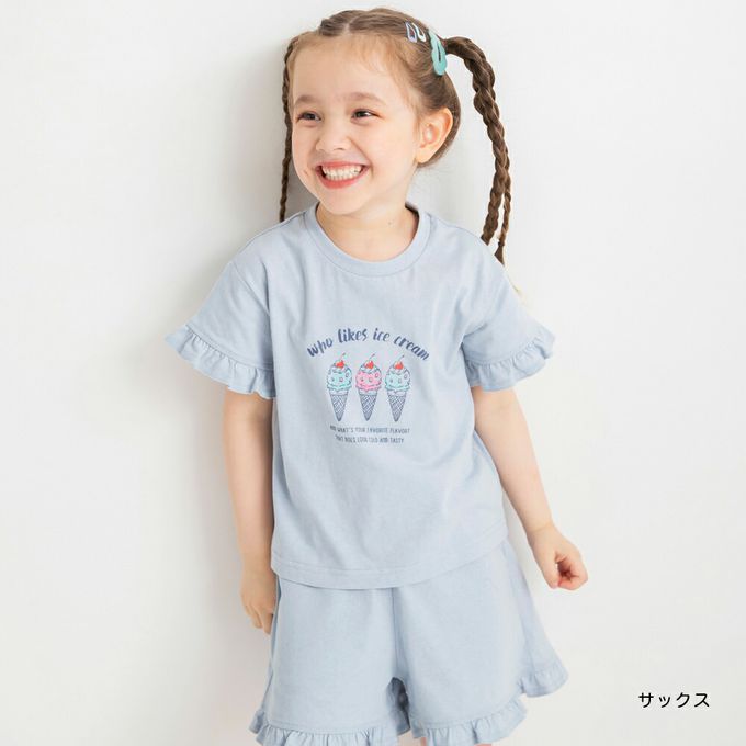 日本 BRANSHES - 純棉荷葉袖女孩印花短袖上衣-貓咪-粉紅