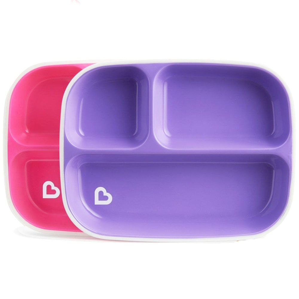 美國 munchkin - 防滑三格餐盤2入-粉/紫