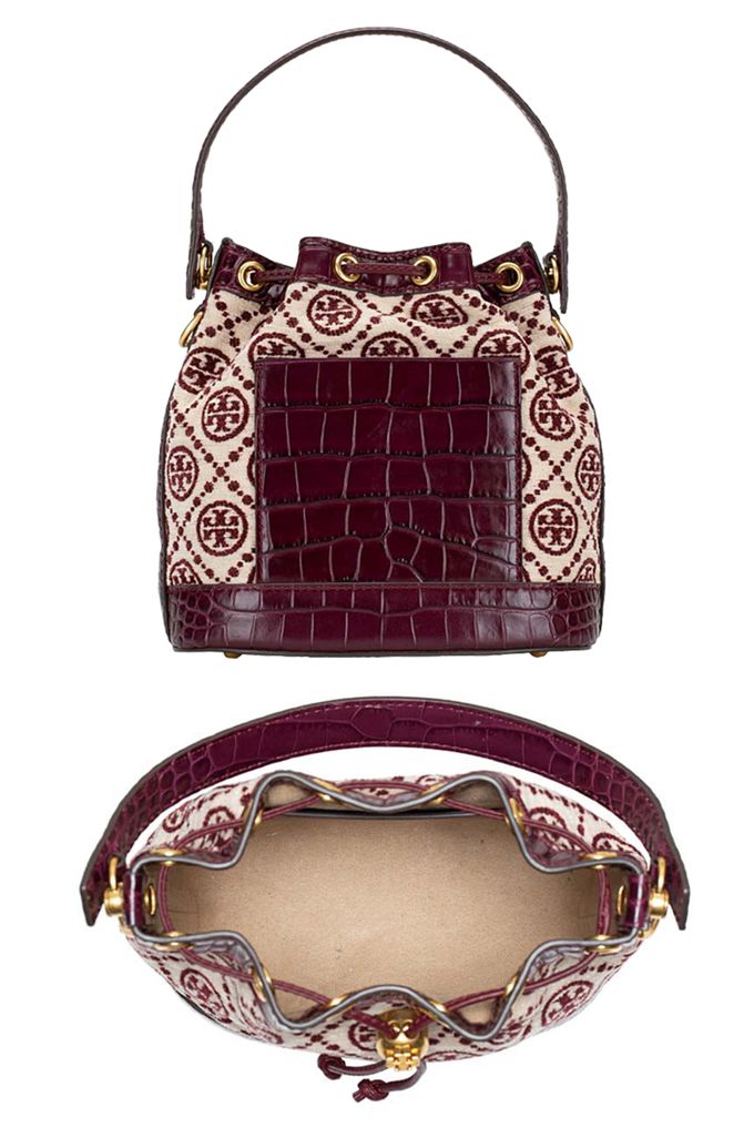 TORY BURCH - 滿版LOGO拼接織布水桶包 (暗紅色)