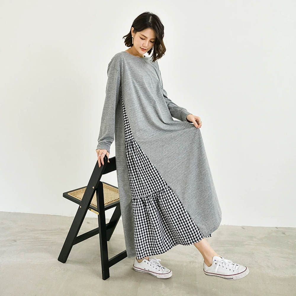 氣質顯瘦A字長袖長洋裝-側拼接格子-灰色