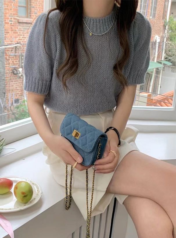 日本 GRL - 菱格紋金屬鏈側背小包-丹寧藍 (F)