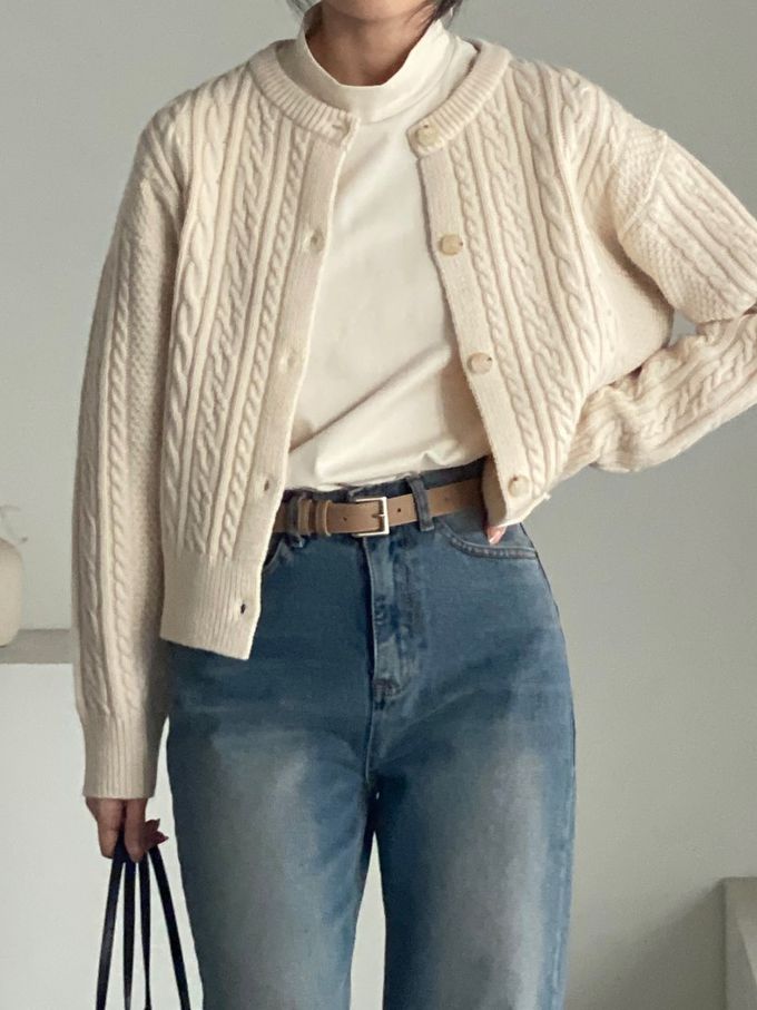 韓國女裝連線 - 麻花捲鈕扣無領針織外套-奶油米 (FREE)