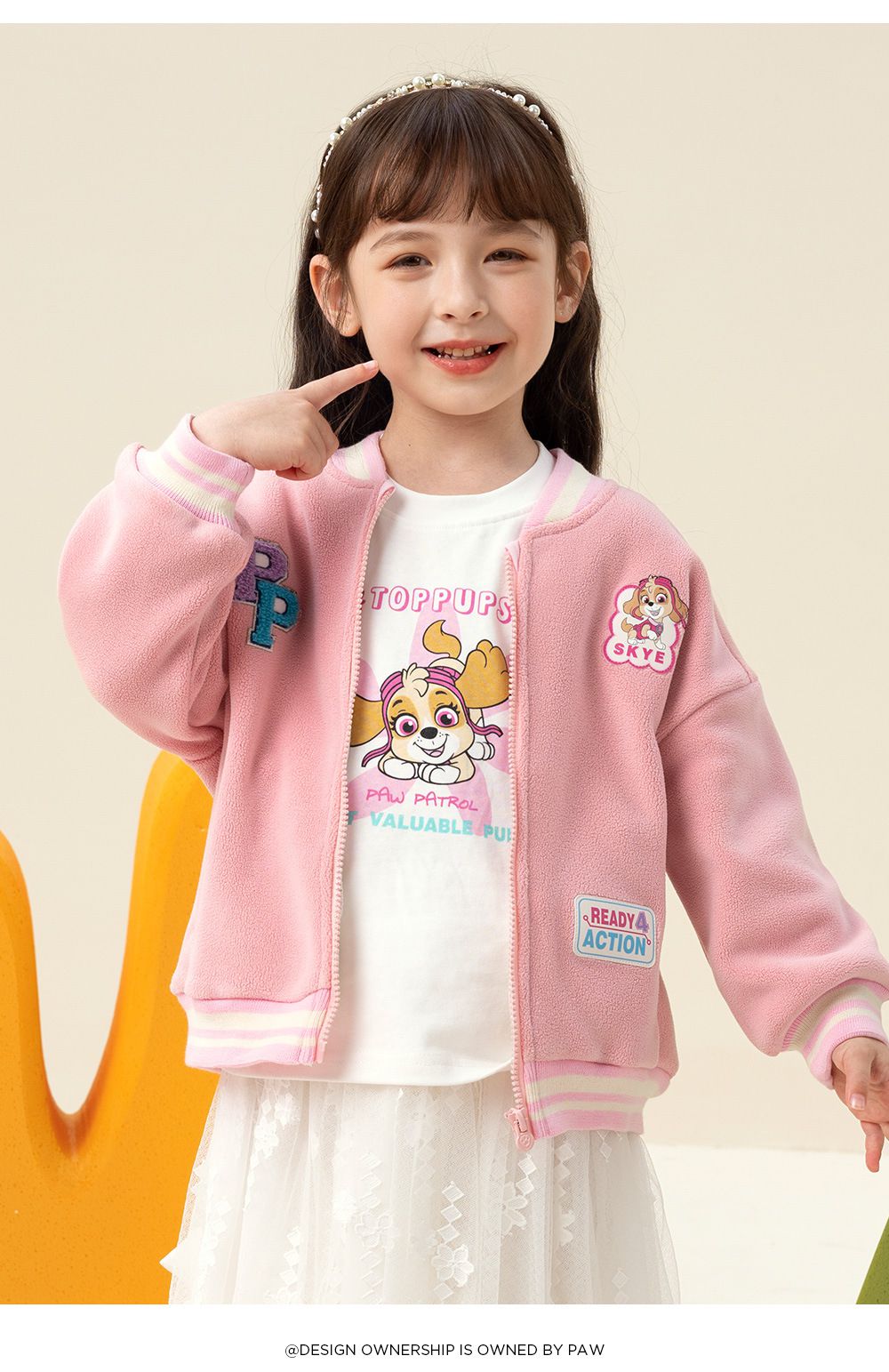 卡通汪汪隊加絨加厚棒球外套-卡通人物天天-粉色