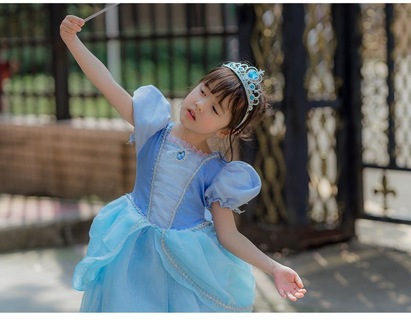 公主寶石裝飾網紗洋裝-藍色