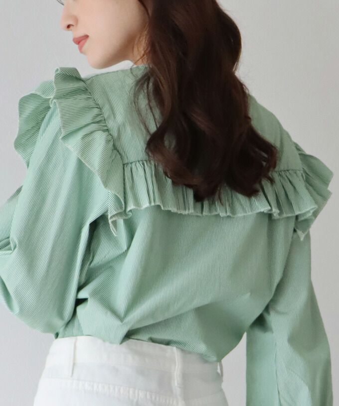 日本 BLUE EAST - 青澀回憶荷葉邊長袖襯衫-湖水綠