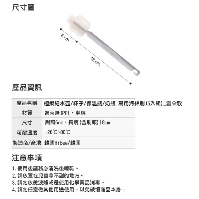 正韓 hibee - 極柔細水壺/杯子/保溫瓶/奶瓶 萬用海綿刷(5入組)_雲朵款-HFB003