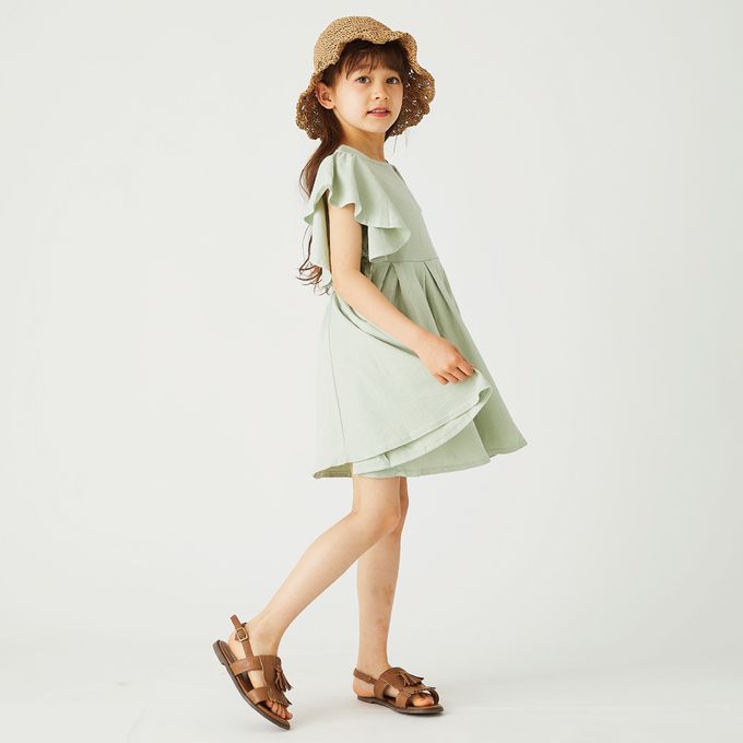 日本 evercloset - 波浪荷葉短袖浪漫洋裝-黑白條紋