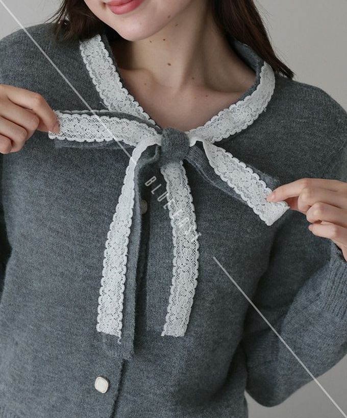 日本 BLUE EAST - 少女爛漫蕾絲蝴蝶結開襟衫-灰