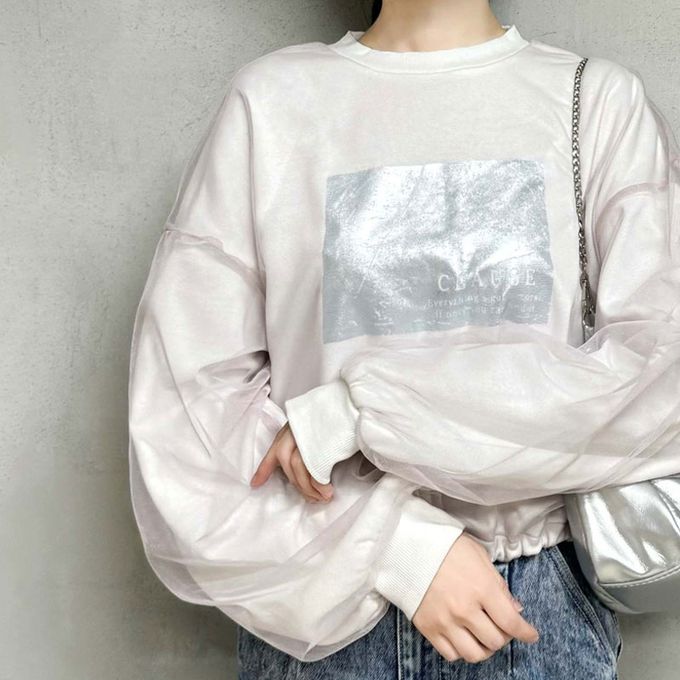 日本 Classical Elf - mily bilet 燙銀印花薄紗分層長袖上衣-時尚黑