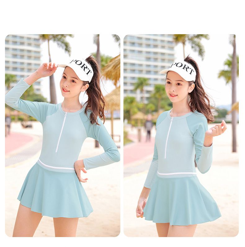 大童女孩運動風長袖連身裙泳衣-拼色款-藍色