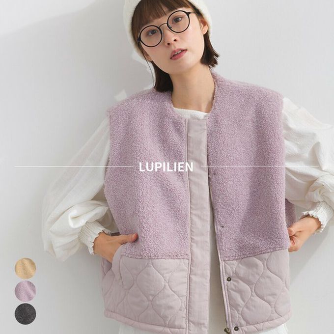 日本 Lupilien - 文青風異素材毛絨拼接保暖背心-炭灰