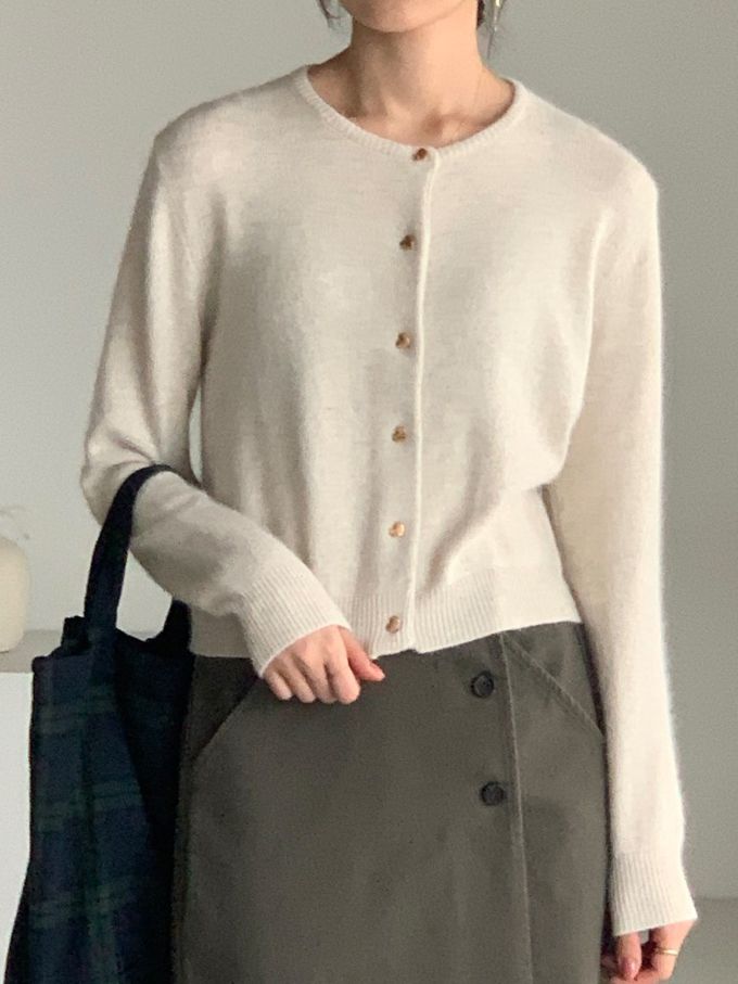 韓國女裝連線 - 愛心金釦混羊毛針織衫/外套-燕麥 (FREE)