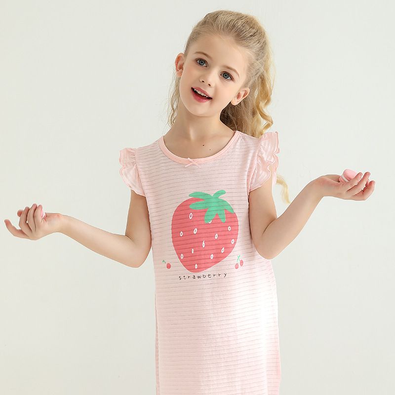 MAMDADKIDS - 竹節棉荷葉袖睡衣/睡裙-滿園草莓-粉色