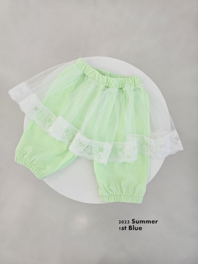 韓國 First Blue - 鬆緊腰網紗裝飾縮口褲-亮綠