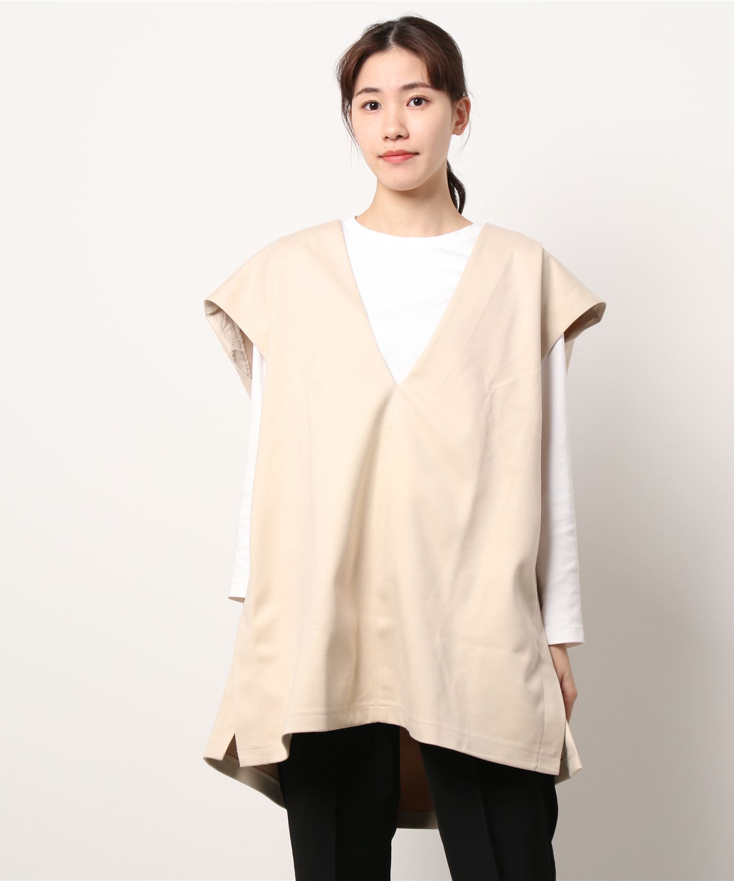 日本 Riche Glamour - 深V落肩長版針織背心-米