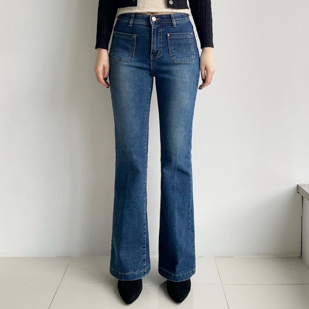 Howluk (內磨毛)彈性腰口袋小喇叭丹寧褲-中青