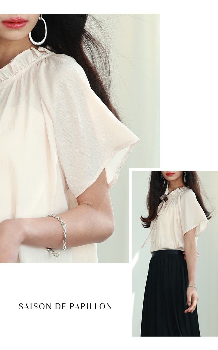 日本女裝代購 - 甜美綁帶木耳領短袖襯衫-白