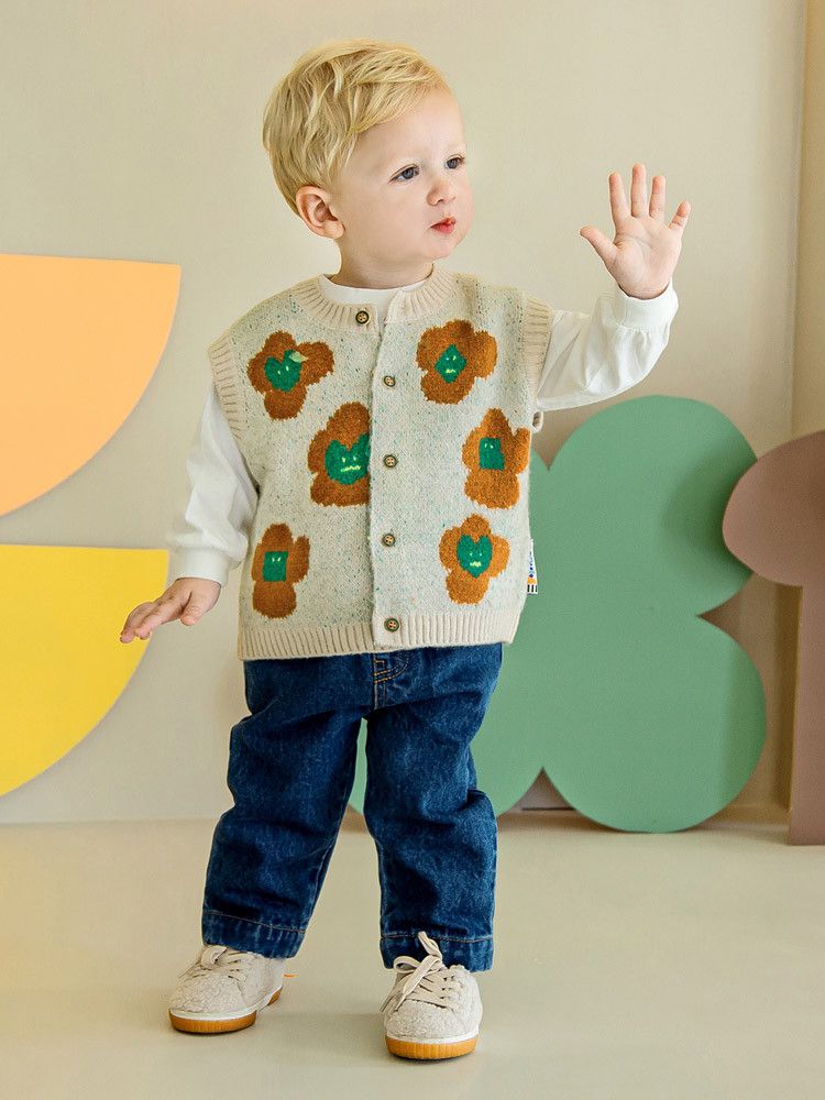 韓國Pimpollo - 愛心印花開衫針織背心-藍