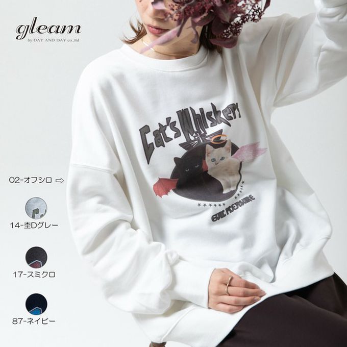 日本 gleam - 裏毛寬版天使惡魔貓咪印花大學T-淺灰