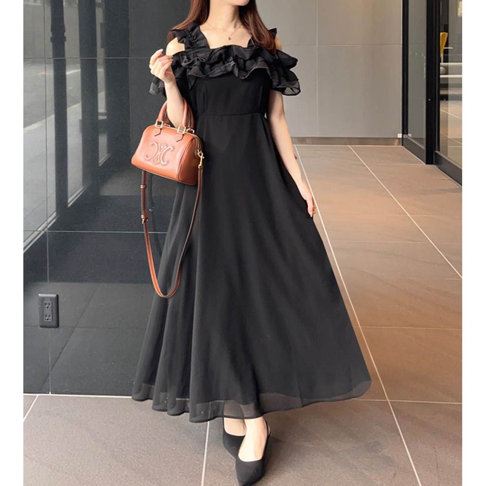 浪漫多層荷葉露肩飄逸感洋裝-黑