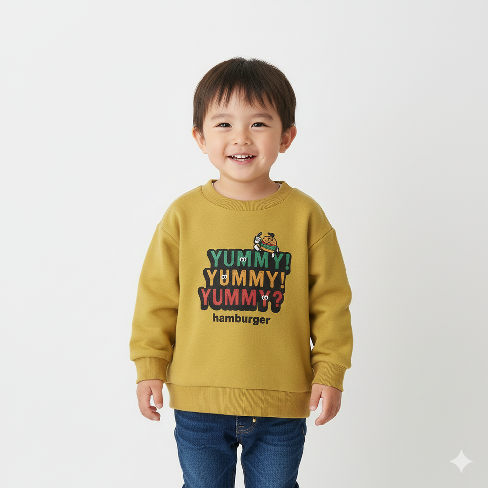 裏起毛俏皮印花長袖上衣-F好吃-芥末黃