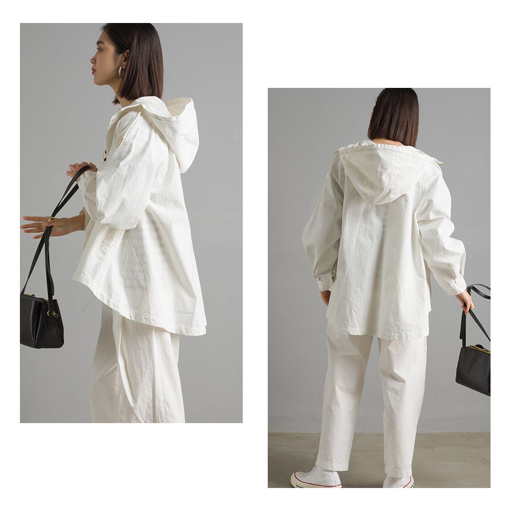 日本 OMNES - 純棉刷舊連帽風衣外套-淺灰綠