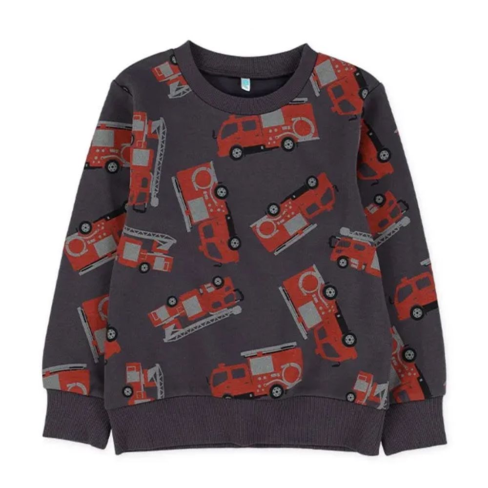 滿版工作車裏起毛長袖上衣-消防車-深灰
