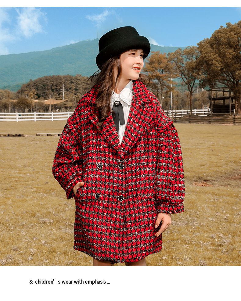 千鳥格紋保暖大衣-紅色