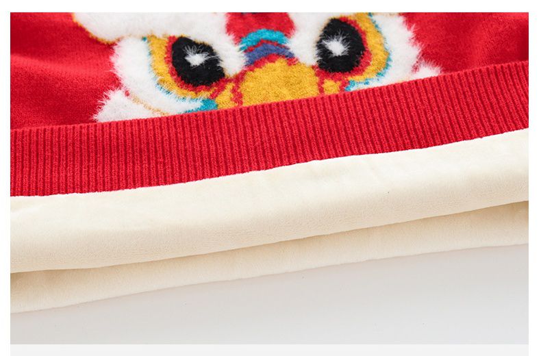 (加絨)喜氣拜年圓領針織長袖毛衣-醒獅-紅色