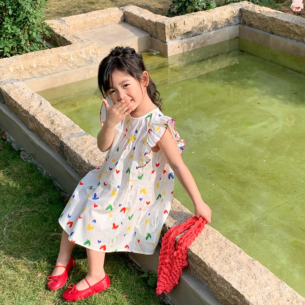 浪漫荷葉袖棉質連身洋裝-繽紛愛心-白色