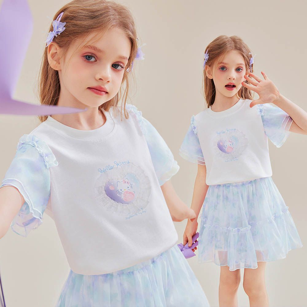 暈染雪紡拼接短袖+短裙套裝-卡通人物Hello Kitty-藍色