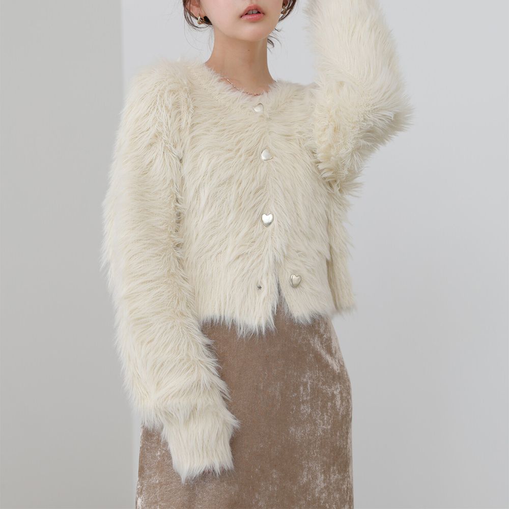 奢華毛海愛心扣前後2way開襟衫-短版-象牙