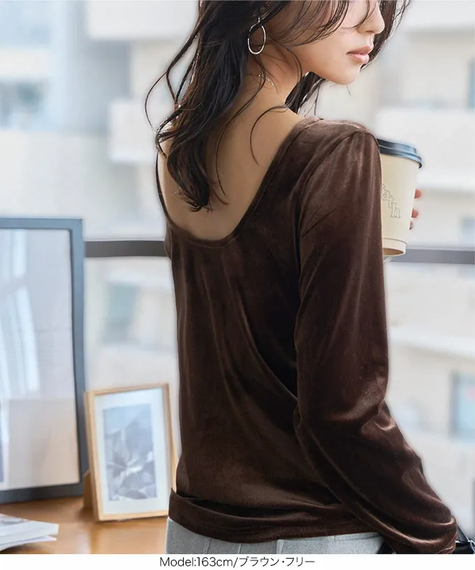 日本 Kobe Lettuce - 華麗天鵝絨露背合身長袖上衣-粉紅