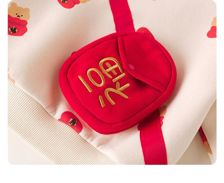 加絨喜氣洋洋長袖上衣-福氣熊熊-紅色